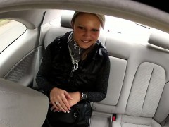 Blonde fucked leaning on hood of fake taxi